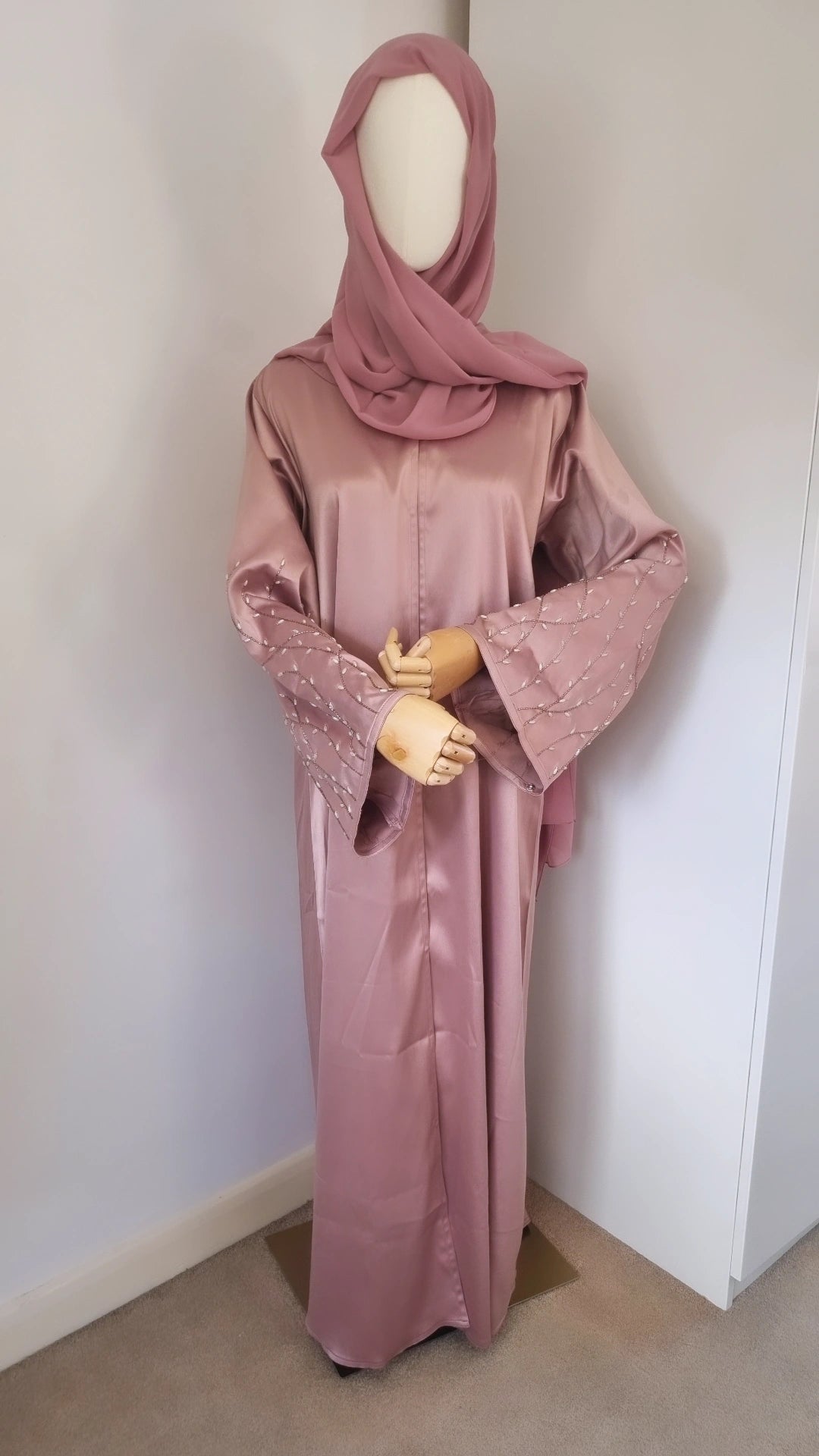 Rose gold abaya with sleeve embellishments