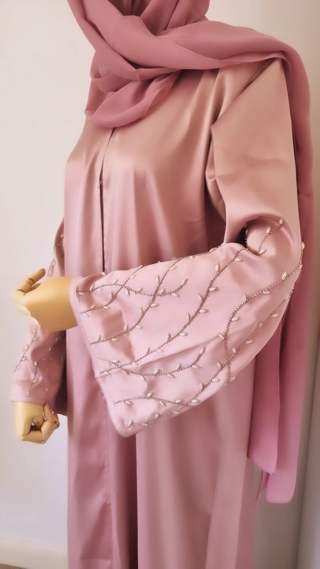 Rose gold abaya with sleeve embellishments