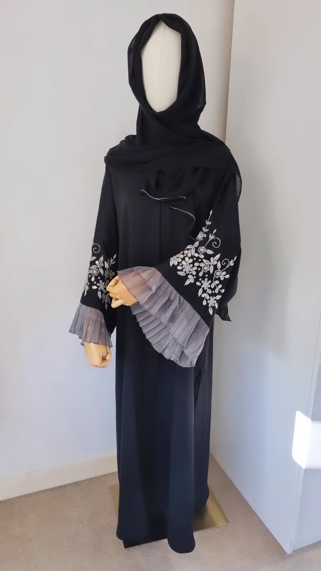 Black abaya with frill sleeve embellishments
