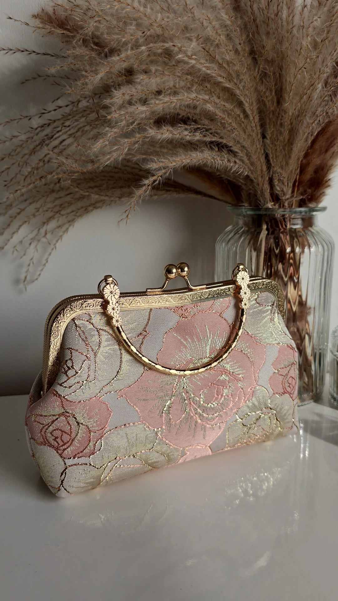 Pink Flower Embroidery clutch/cross Bag