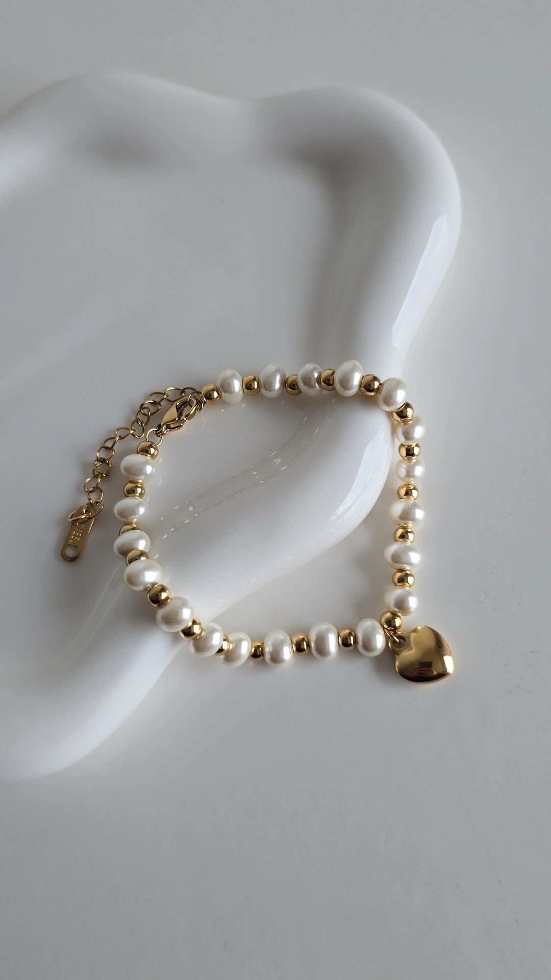 Personalised Gold plated pearl with heart charm bracelet