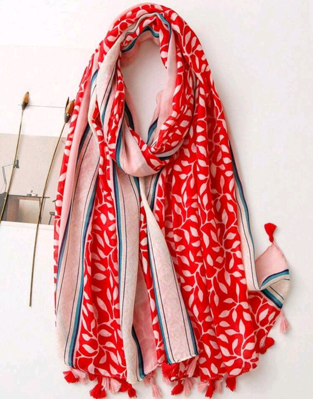 Red Printed Scarf with tassle