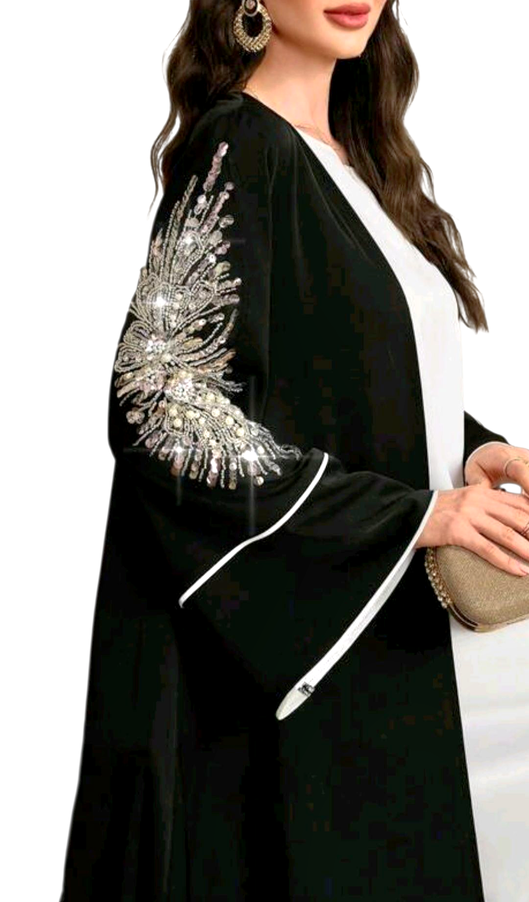 Open Abaya with detailed embellished pearl sleeves