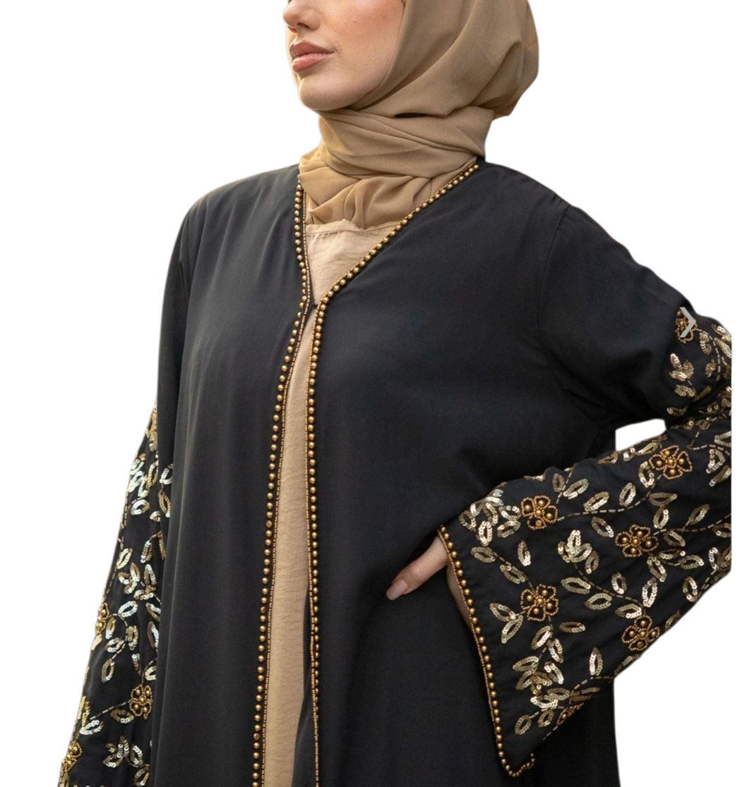 Black and gold beaded sleeve abaya