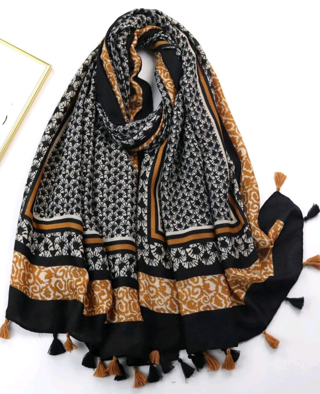 Black Printed Scarf with tassle