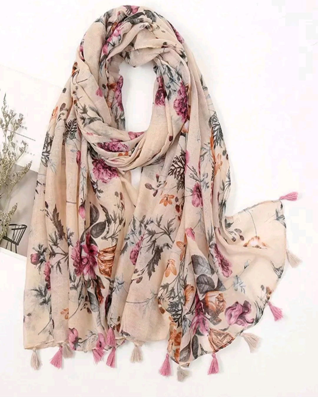 Flower Printed Scarf with tassle