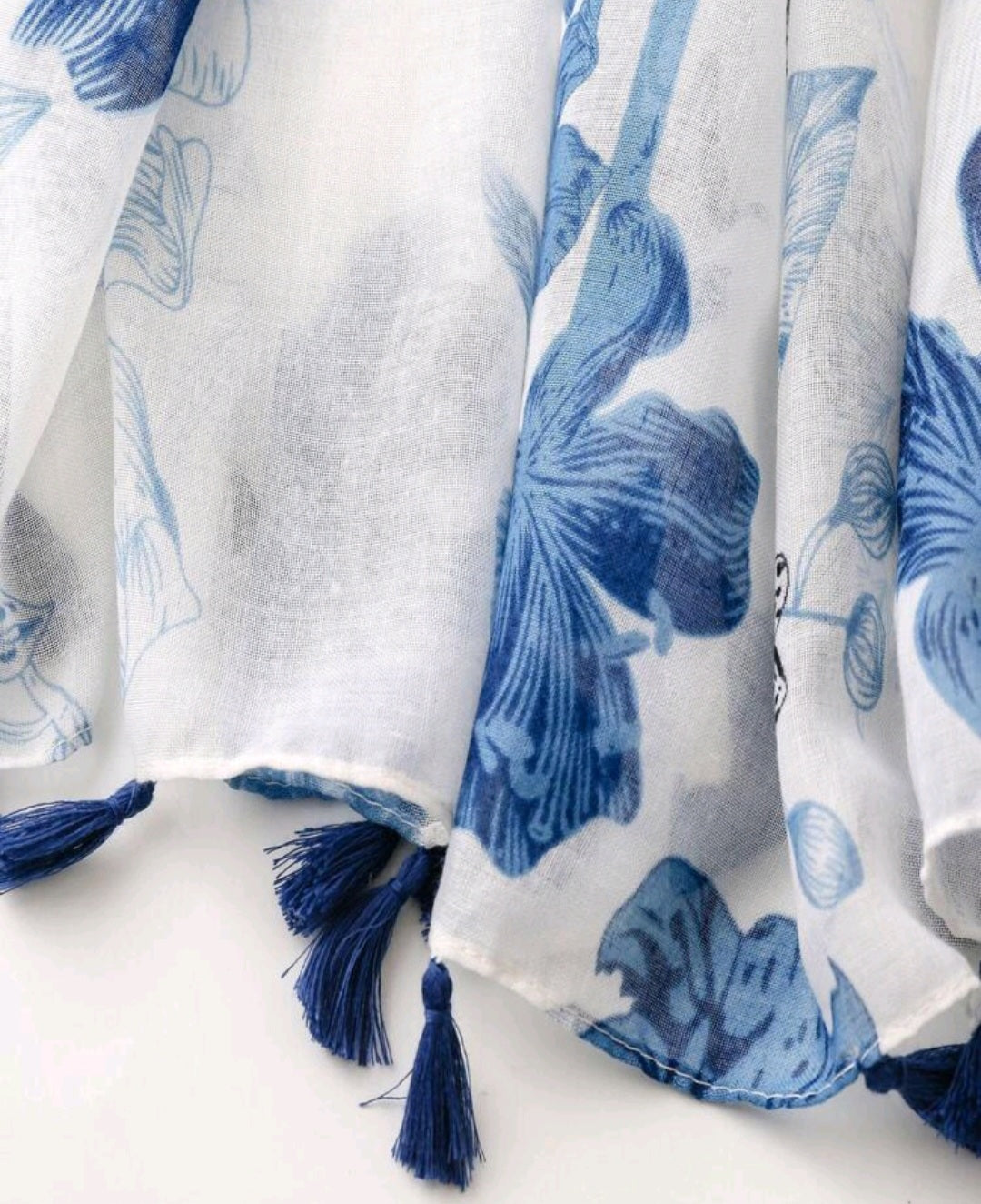 Blue flower Printed Scarf with tassle