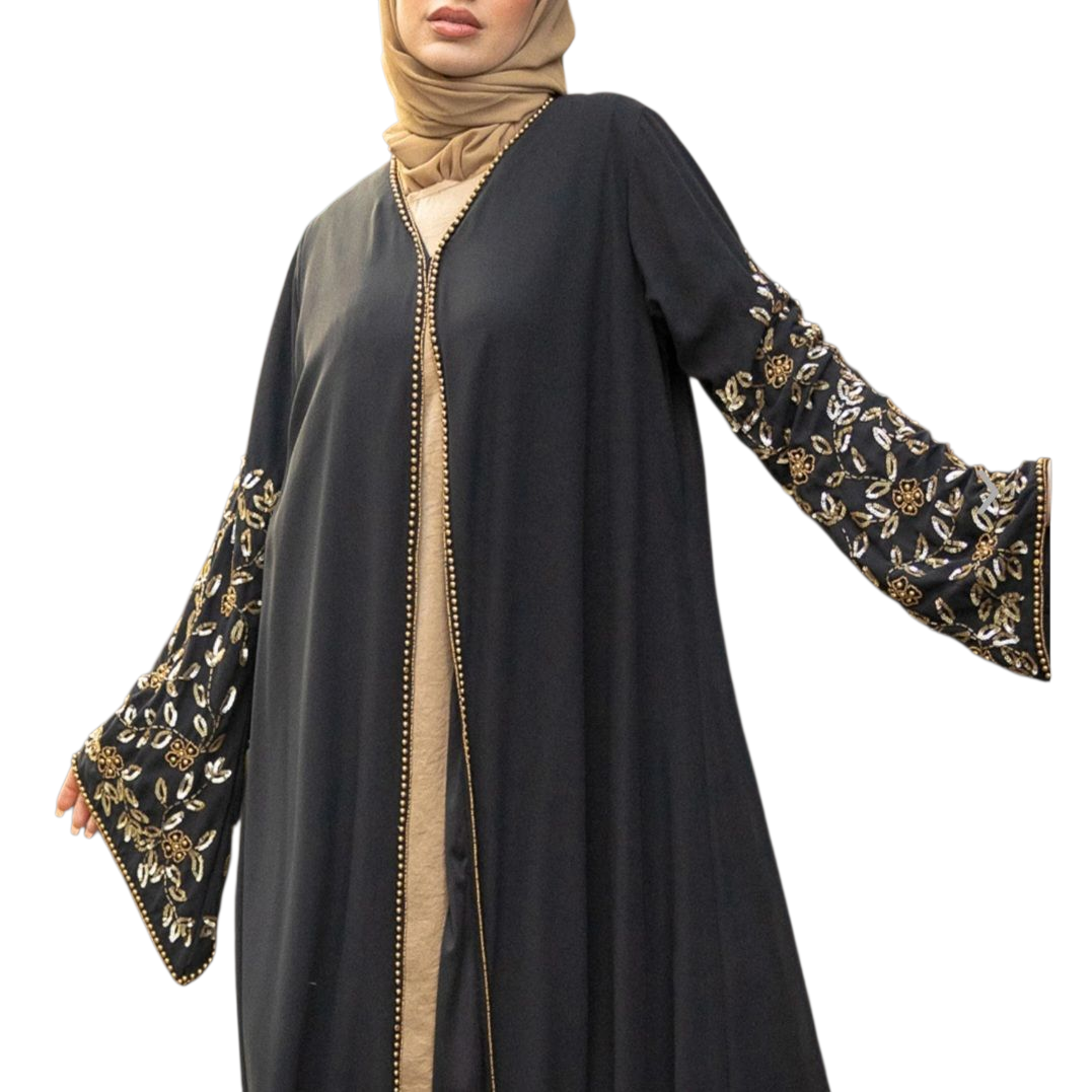 Black and gold beaded sleeve abaya