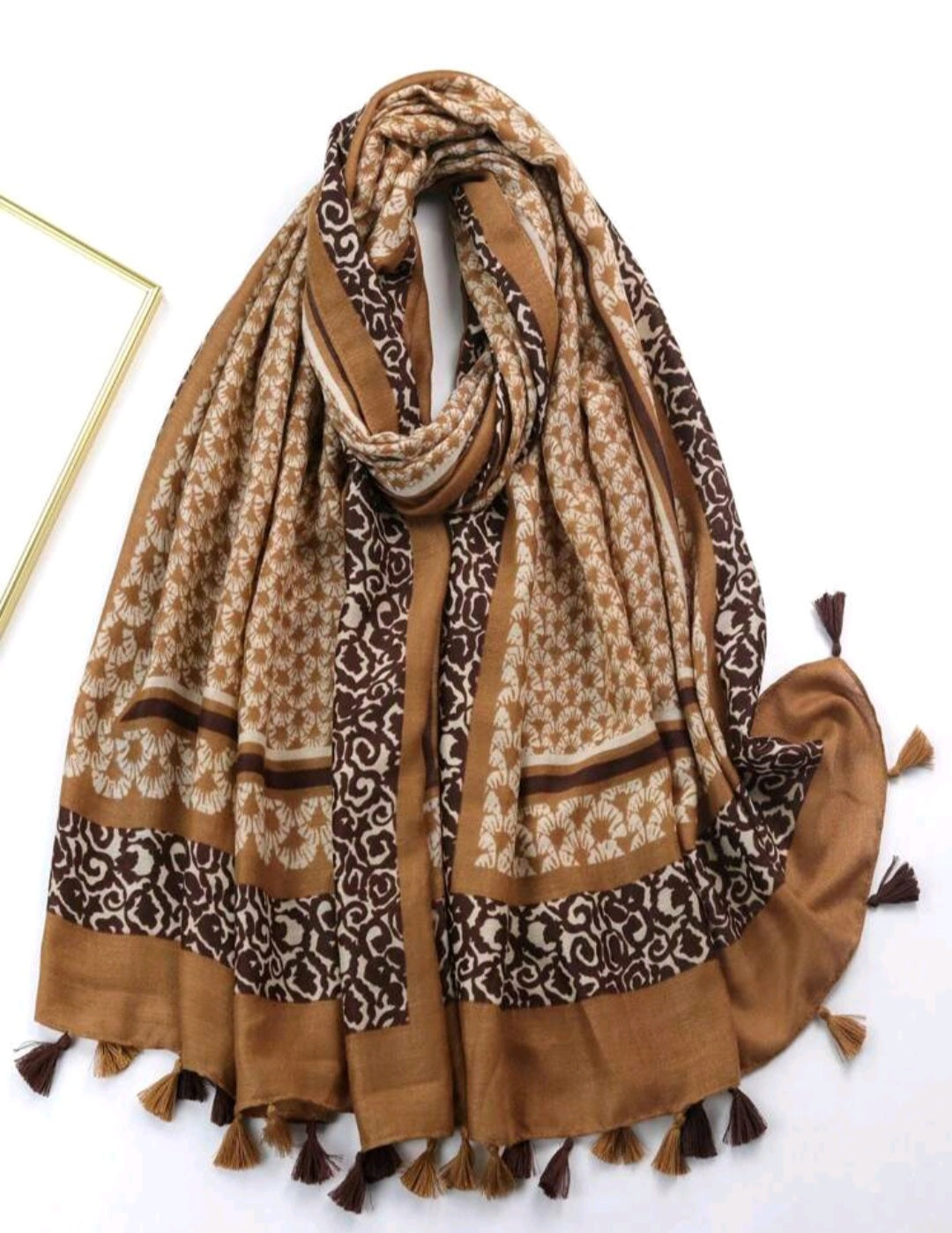 Caramel Printed Scarf with tassle
