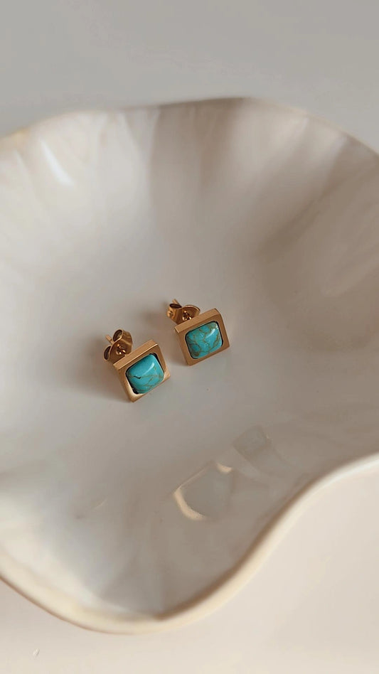 Gold plated marble blue stud earrings