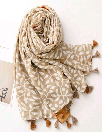 Beige Printed Scarf with tassle