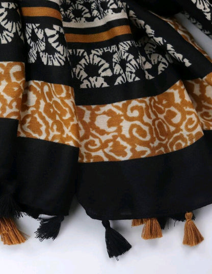 Black Printed Scarf with tassle