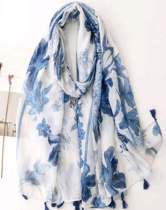 Blue flower Printed Scarf with tassle