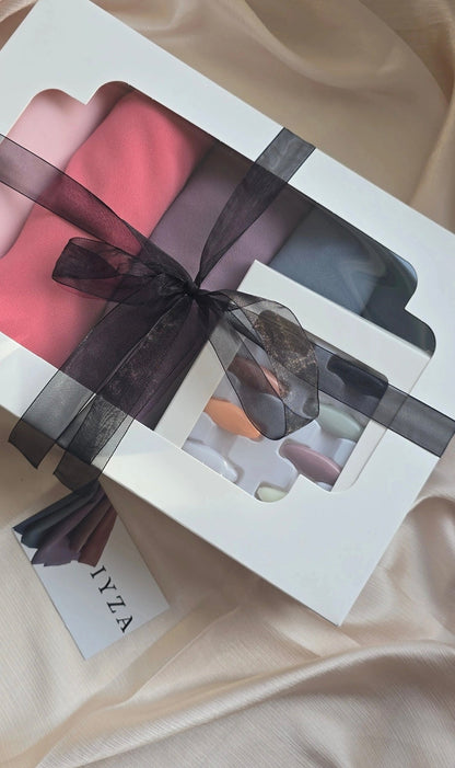 Premium chiffon Hijab gift boxes set with 8pcs pins and 2 hijab magnets