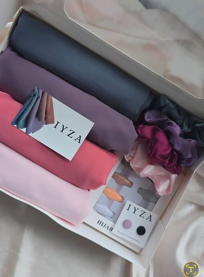Premium chiffon Hijab gift boxes set with 8pcs pins and 2 hijab magnets and 4 scrunchies