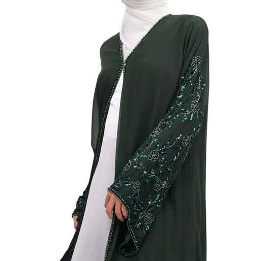 Bottle Green beaded Sleeve Abaya