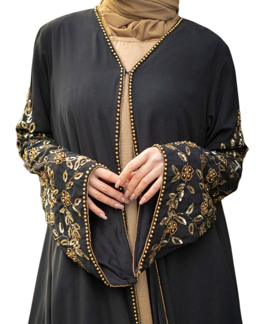 Black and gold beaded sleeve abaya