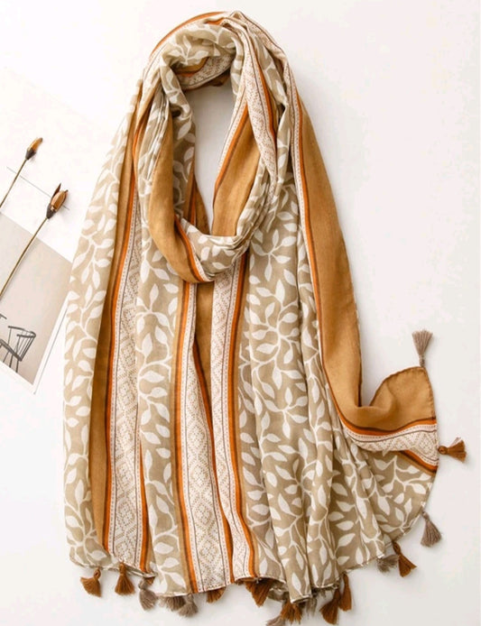 Beige Printed Scarf with tassle
