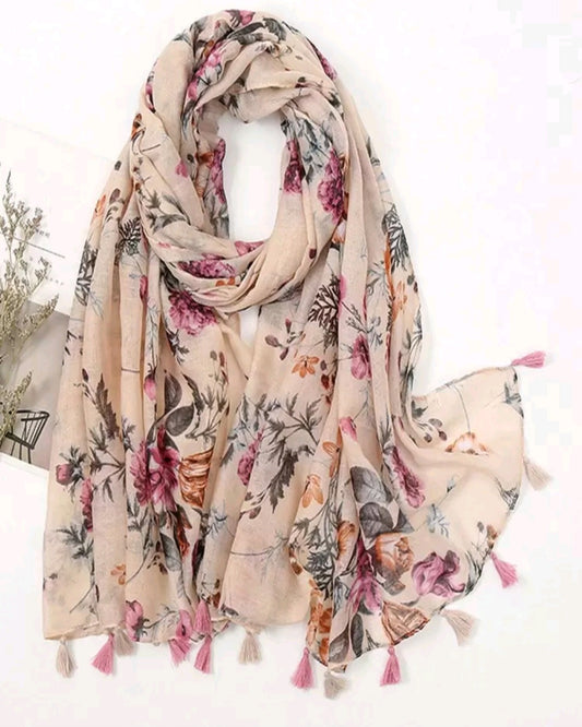 Flower Printed Scarf with tassle