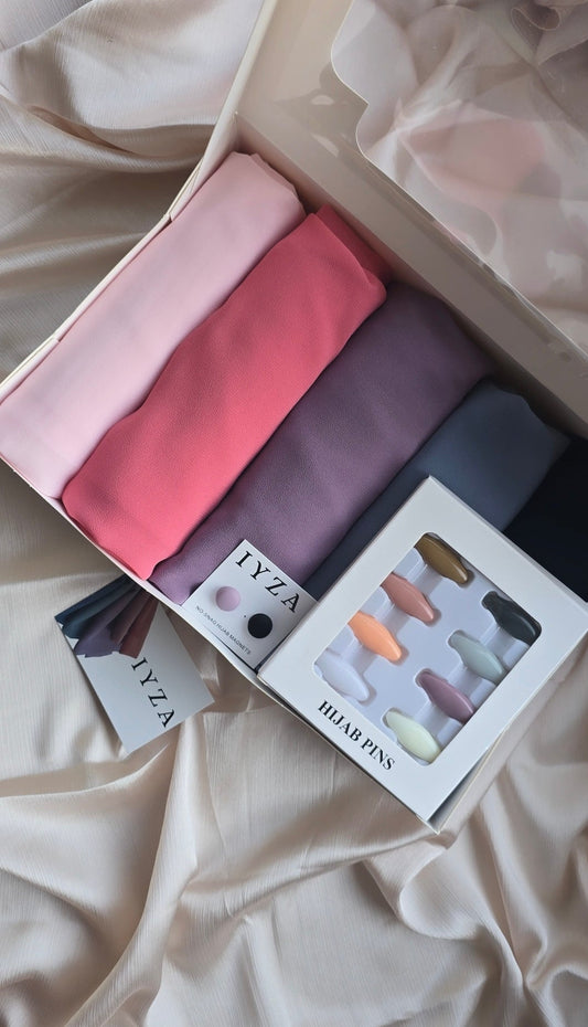 Premium chiffon Hijab gift boxes set with 8pcs pins and 2 hijab magnets