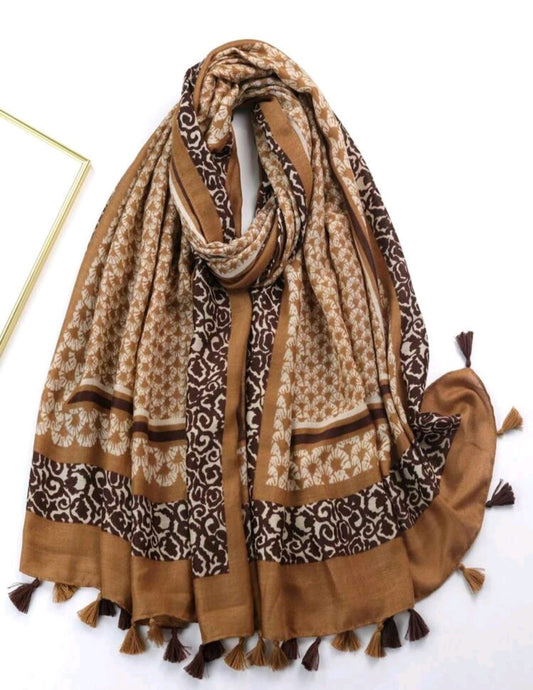 Caramel Printed Scarf with tassle